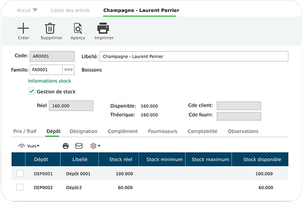 Capture d'écran d'un exemple de gestion de stock