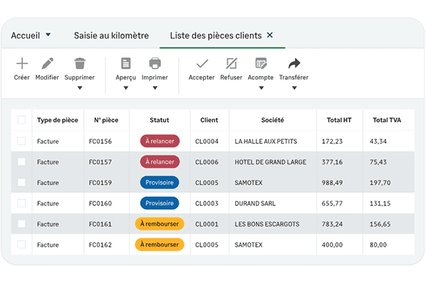 Capture d'écran de l'onglet Liste des opérations bancaires